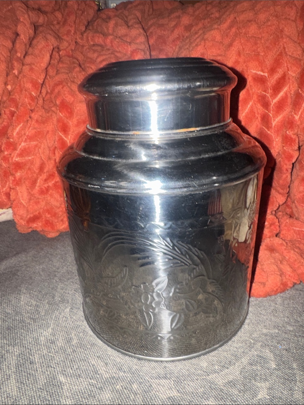 Vintage Embossed Metal Canister Tea Caddy Asian Floral Script Decor